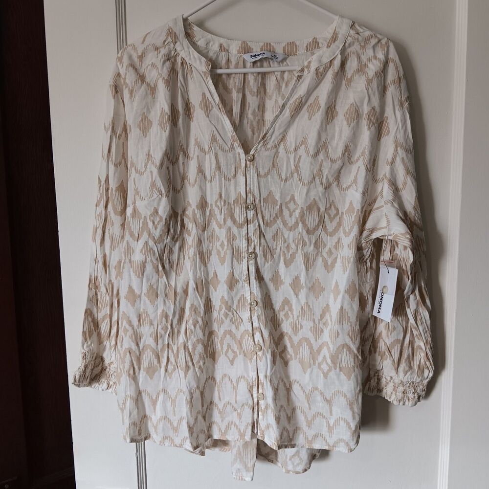 Boho Blouse Top Sonoma NWT Cream Tan V-Neck XXL Coastal Peasant Indie Plus Size